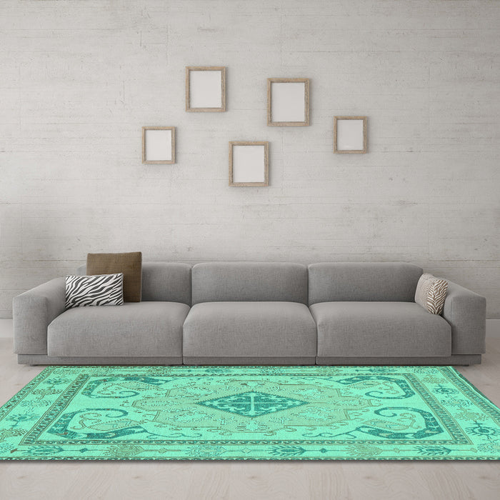 Machine Washable Persian Turquoise Traditional Area Rugs in a Living Room,, wshtr1125turq