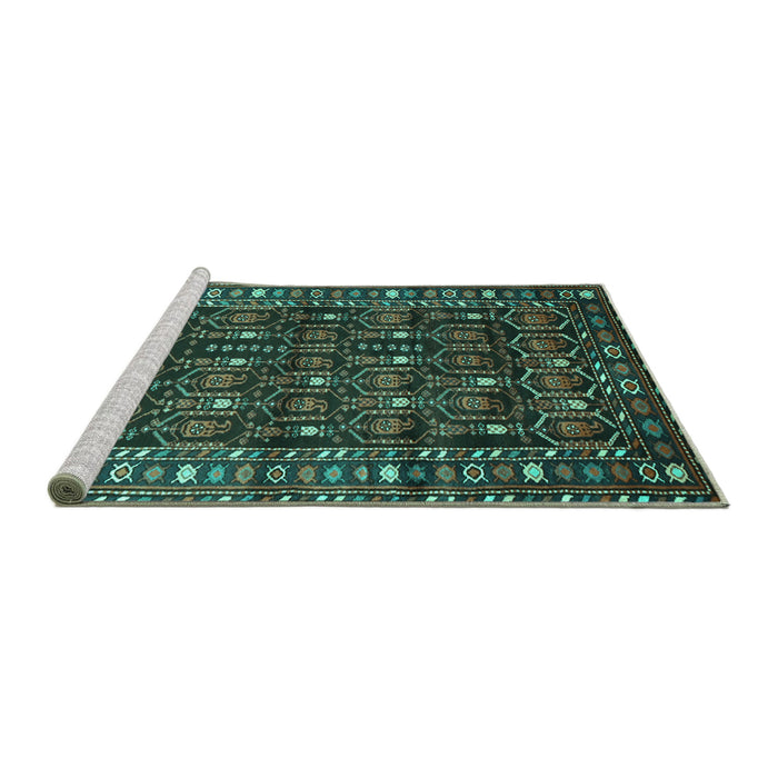 Sideview of Machine Washable Persian Turquoise Traditional Area Rugs, wshtr1127turq