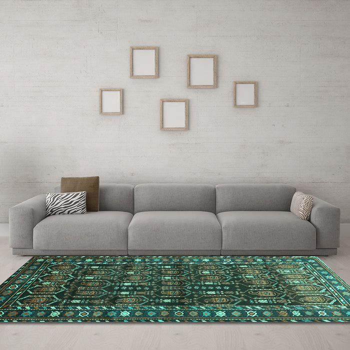 Machine Washable Persian Turquoise Traditional Area Rugs in a Living Room,, wshtr1127turq