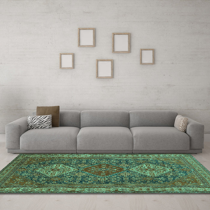 Machine Washable Persian Turquoise Traditional Area Rugs in a Living Room,, wshtr1130turq