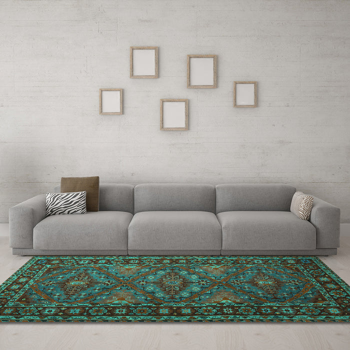 Machine Washable Persian Turquoise Traditional Area Rugs in a Living Room,, wshtr1131turq