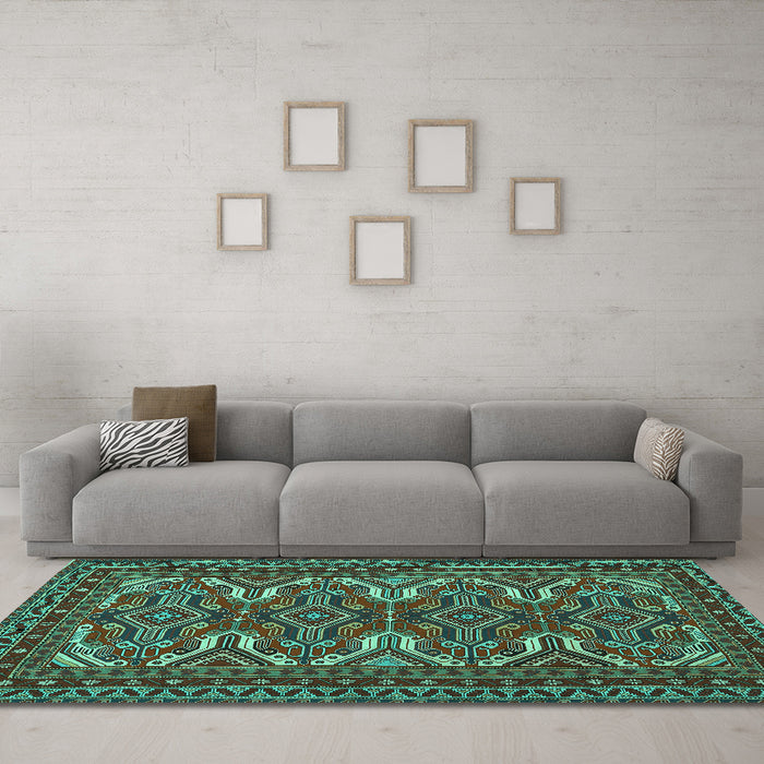 Machine Washable Persian Turquoise Traditional Area Rugs in a Living Room,, wshtr1132turq