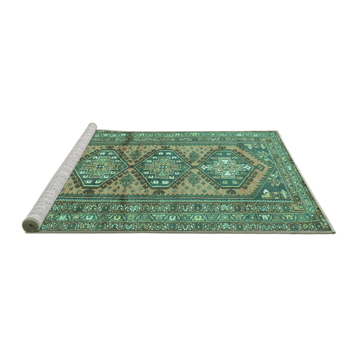 Sideview of Machine Washable Persian Turquoise Traditional Area Rugs, wshtr1134turq