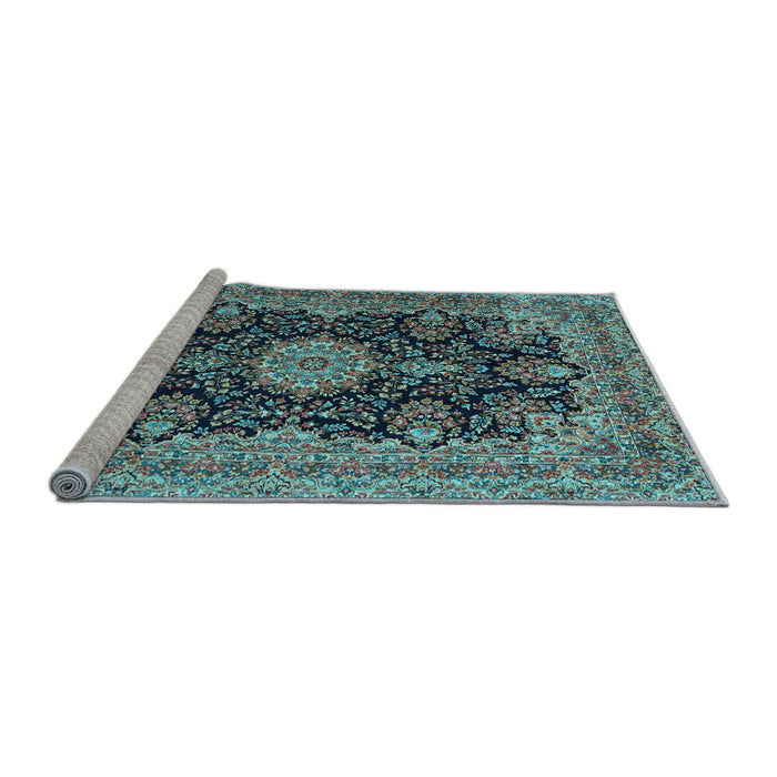 Sideview of Machine Washable Medallion Light Blue Traditional Rug, wshtr1135lblu
