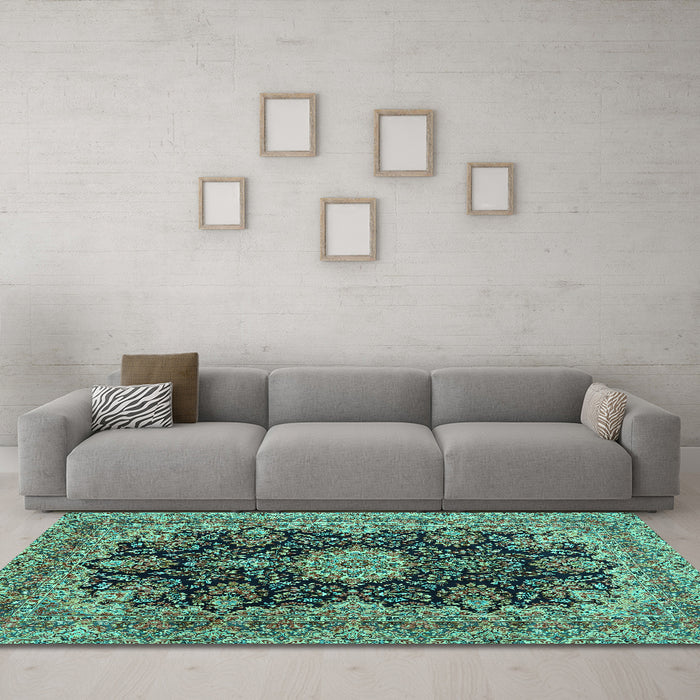 Machine Washable Medallion Turquoise Traditional Area Rugs in a Living Room,, wshtr1135turq