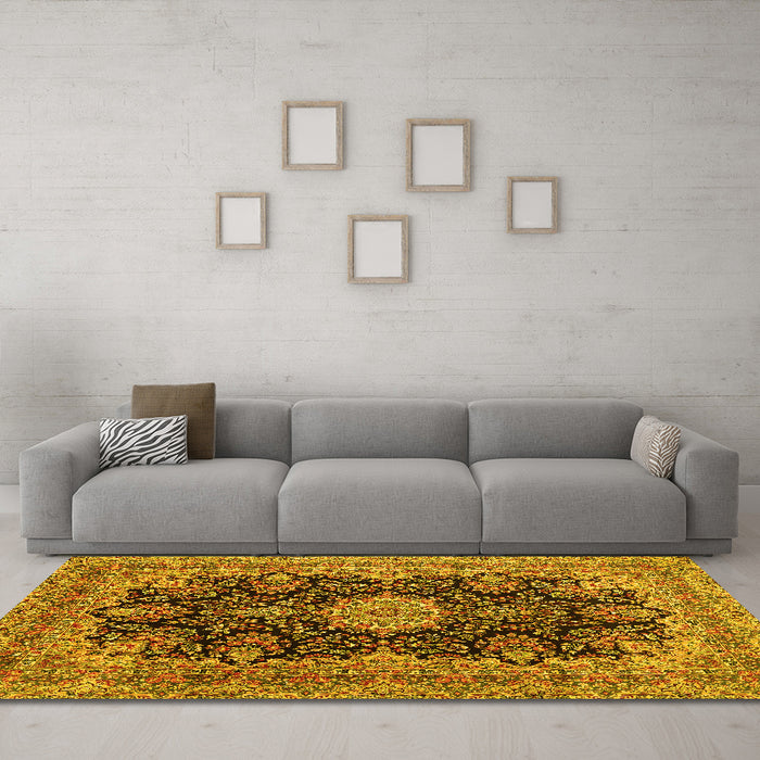 Machine Washable Medallion Yellow Traditional Rug in a Living Room, wshtr1135yw