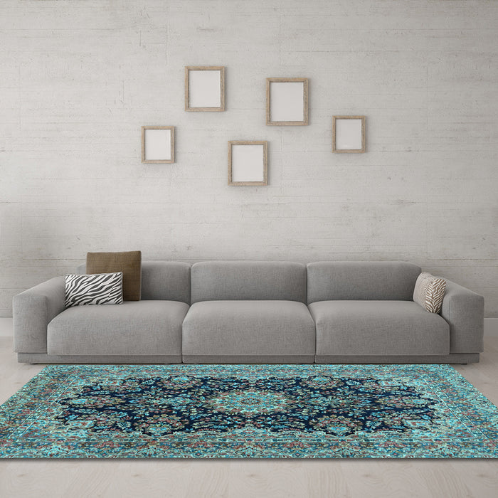 Machine Washable Medallion Light Blue Traditional Rug in a Living Room, wshtr1135lblu
