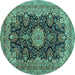 Round Machine Washable Medallion Turquoise Traditional Area Rugs, wshtr1135turq