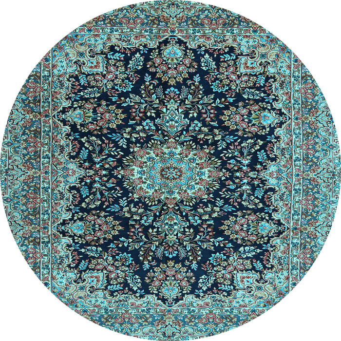 Round Machine Washable Medallion Light Blue Traditional Rug, wshtr1135lblu