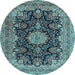 Round Machine Washable Medallion Light Blue Traditional Rug, wshtr1135lblu