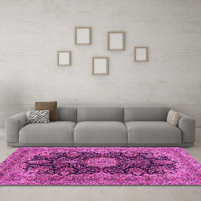 Machine Washable Medallion Pink Traditional Rug in a Living Room, wshtr1135pnk