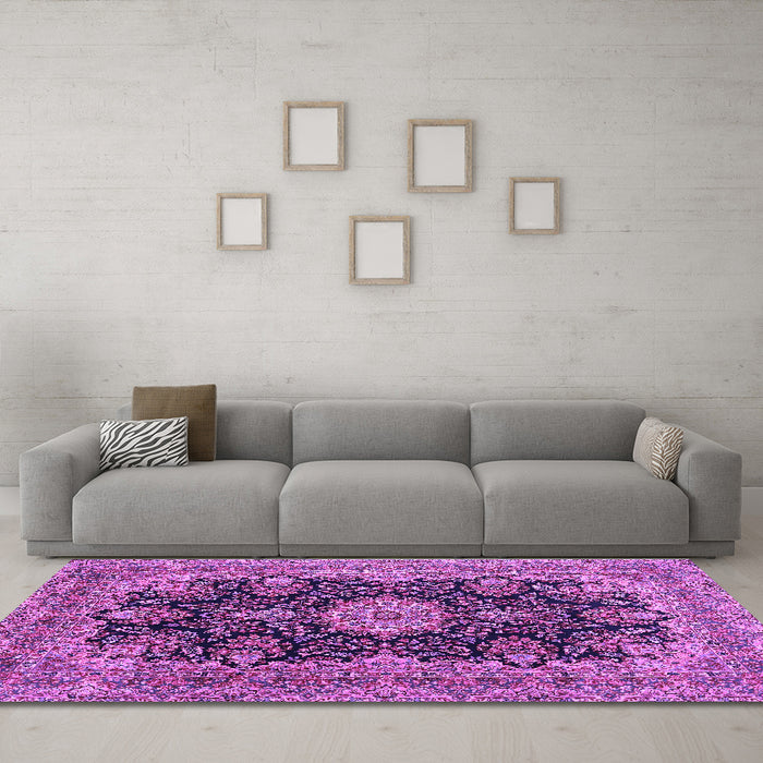 Machine Washable Medallion Purple Traditional Area Rugs in a Living Room, wshtr1135pur