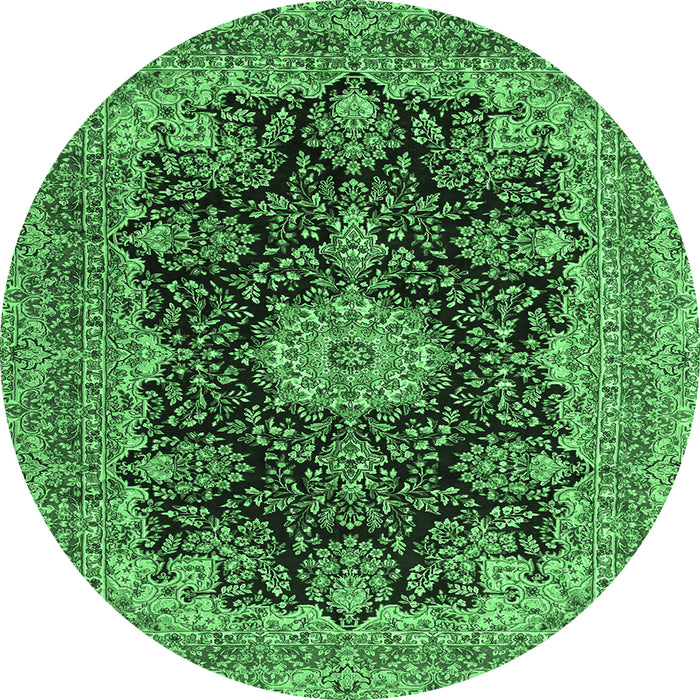 Round Machine Washable Medallion Emerald Green Traditional Area Rugs, wshtr1135emgrn