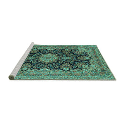 Sideview of Machine Washable Medallion Turquoise Traditional Area Rugs, wshtr1135turq