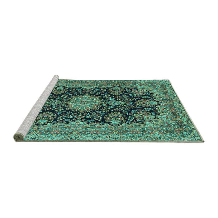 Sideview of Machine Washable Medallion Turquoise Traditional Area Rugs, wshtr1135turq
