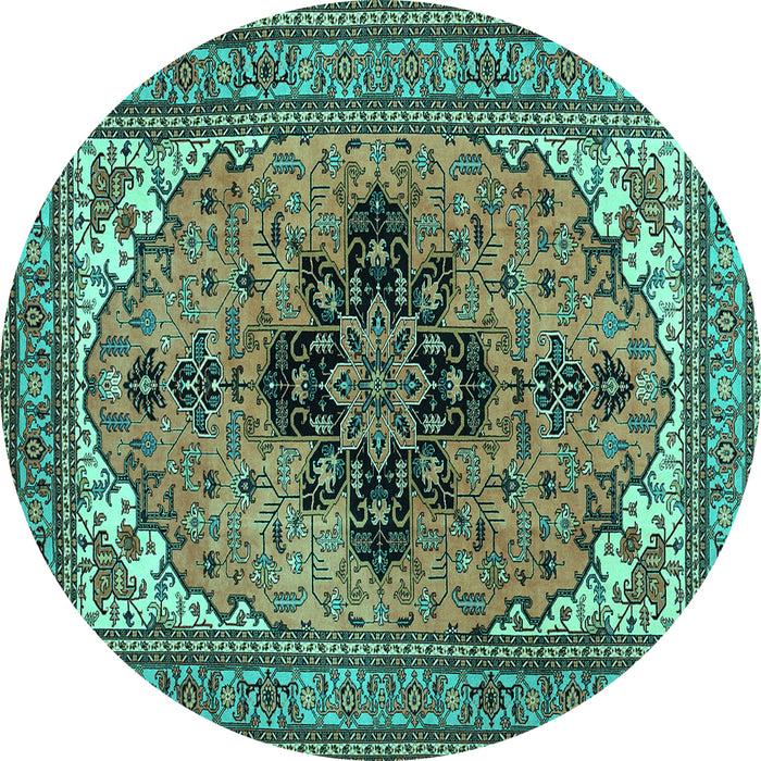Round Machine Washable Medallion Turquoise Traditional Area Rugs, wshtr1137turq