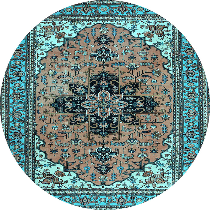 Round Machine Washable Medallion Light Blue Traditional Rug, wshtr1137lblu