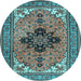 Round Machine Washable Medallion Light Blue Traditional Rug, wshtr1137lblu