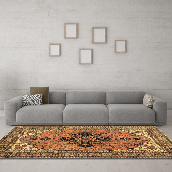 Machine Washable Medallion Brown Traditional Rug in a Living Room,, wshtr1137brn