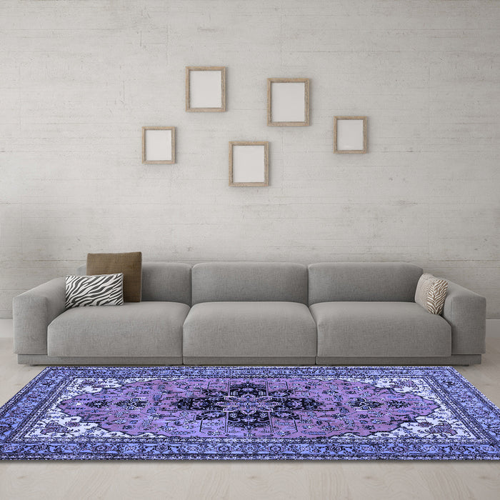 Machine Washable Medallion Blue Traditional Rug in a Living Room, wshtr1137blu