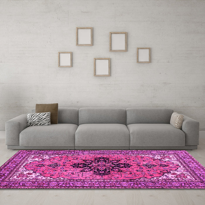 Machine Washable Medallion Pink Traditional Rug in a Living Room, wshtr1137pnk