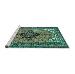 Sideview of Machine Washable Medallion Turquoise Traditional Area Rugs, wshtr1137turq