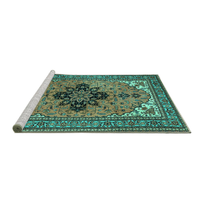 Sideview of Machine Washable Medallion Turquoise Traditional Area Rugs, wshtr1137turq