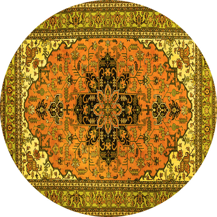 Round Machine Washable Medallion Yellow Traditional Rug, wshtr1137yw