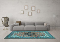 Machine Washable Medallion Light Blue Traditional Rug, wshtr1137lblu