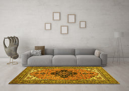 Machine Washable Medallion Yellow Traditional Rug in a Living Room, wshtr1137yw