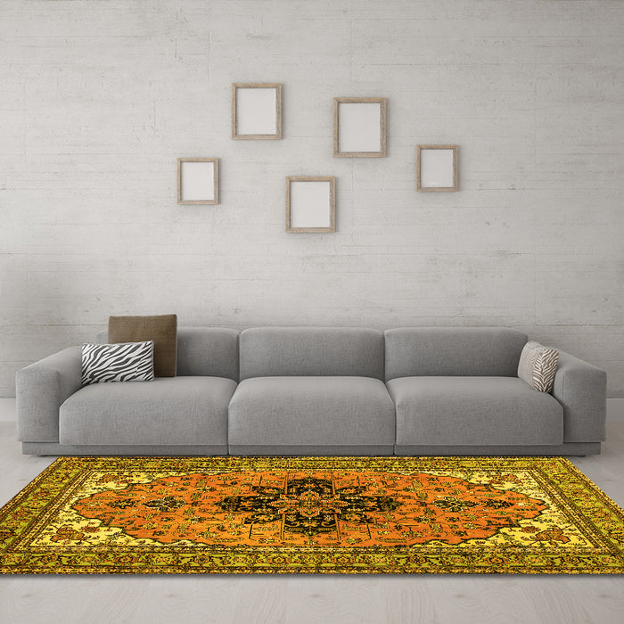 Machine Washable Medallion Yellow Traditional Rug in a Living Room, wshtr1137yw