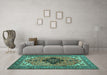 Machine Washable Medallion Turquoise Traditional Area Rugs in a Living Room,, wshtr1137turq