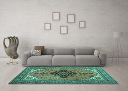 Machine Washable Medallion Turquoise Traditional Area Rugs in a Living Room,, wshtr1137turq