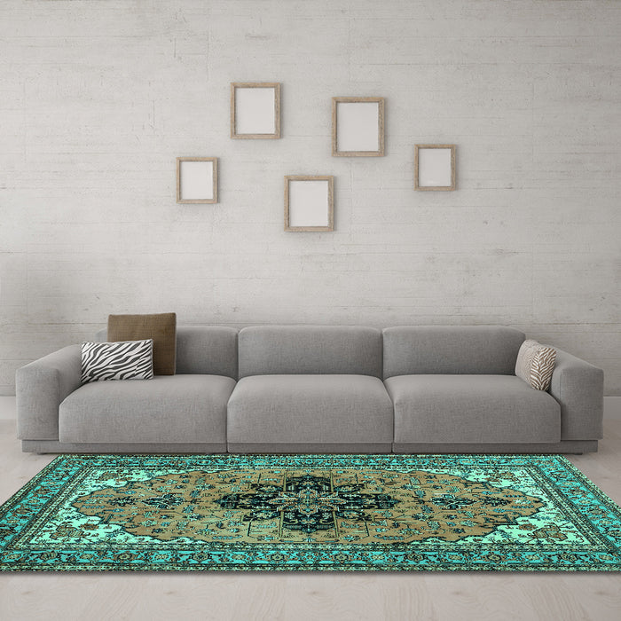 Machine Washable Medallion Turquoise Traditional Area Rugs in a Living Room,, wshtr1137turq