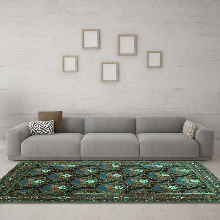 Machine Washable Persian Turquoise Traditional Area Rugs in a Living Room,, wshtr1138turq