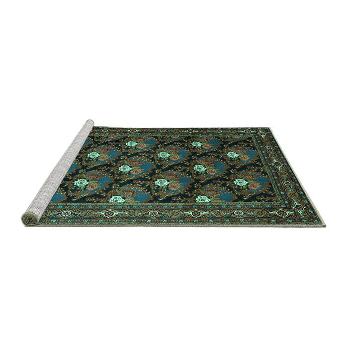 Sideview of Machine Washable Persian Turquoise Traditional Area Rugs, wshtr1138turq