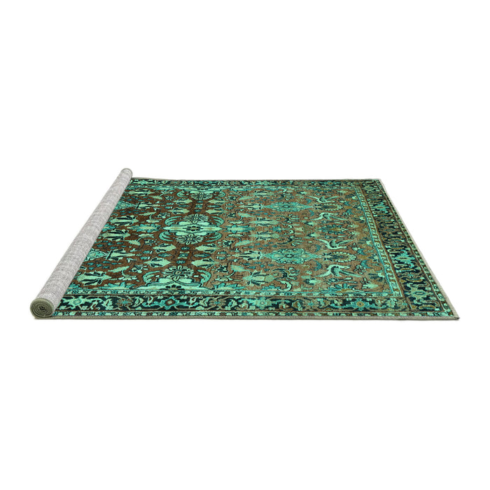 Sideview of Machine Washable Persian Turquoise Traditional Area Rugs, wshtr1139turq