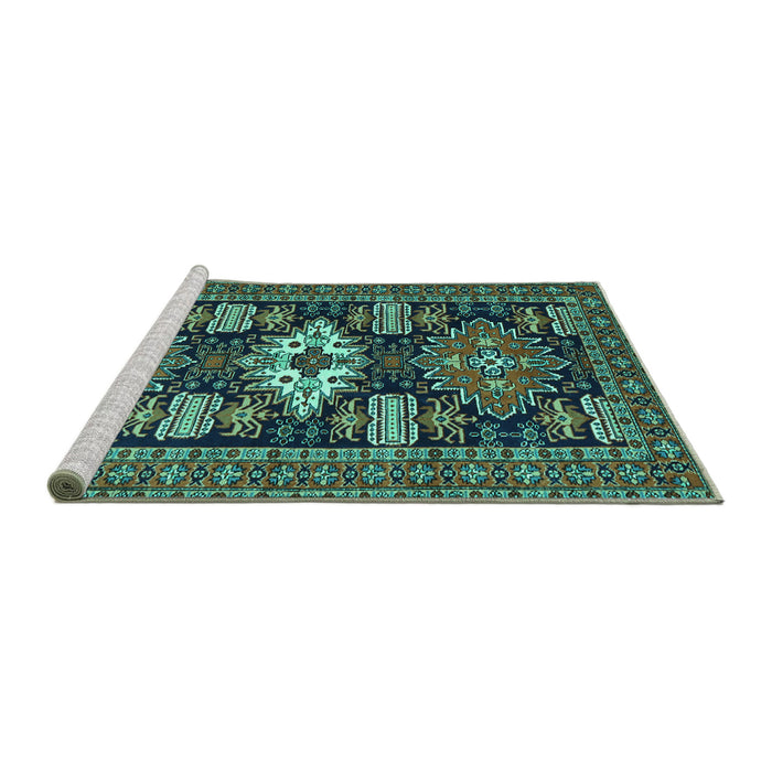 Sideview of Machine Washable Persian Turquoise Traditional Area Rugs, wshtr1140turq