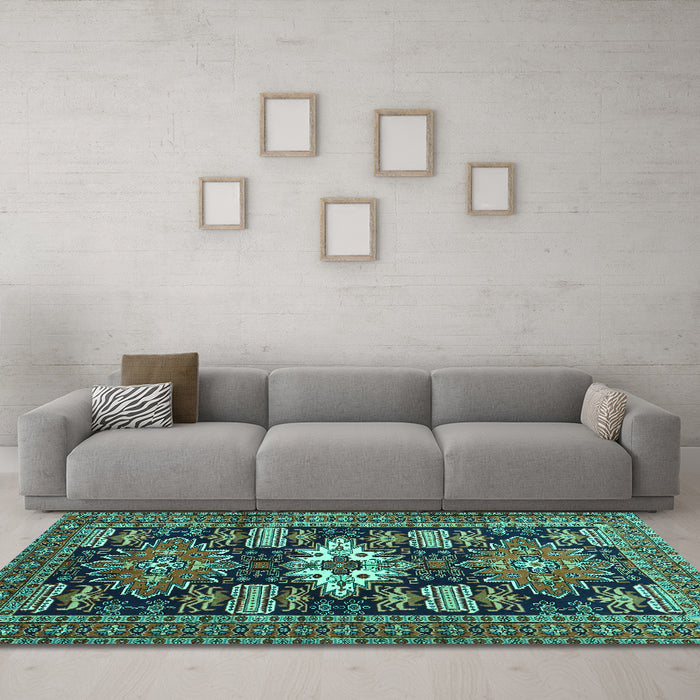 Machine Washable Persian Turquoise Traditional Area Rugs in a Living Room,, wshtr1140turq