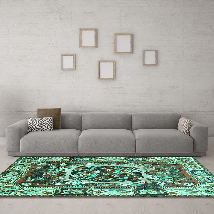 Machine Washable Persian Turquoise Traditional Area Rugs in a Living Room,, wshtr1141turq