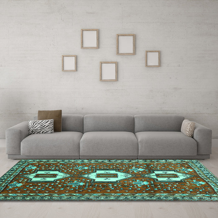 Machine Washable Persian Turquoise Traditional Area Rugs in a Living Room,, wshtr1142turq