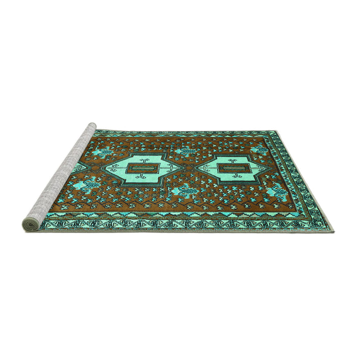 Sideview of Machine Washable Persian Turquoise Traditional Area Rugs, wshtr1142turq