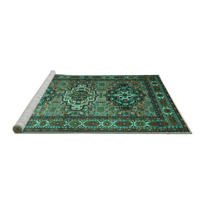 Sideview of Machine Washable Persian Turquoise Traditional Area Rugs, wshtr1144turq