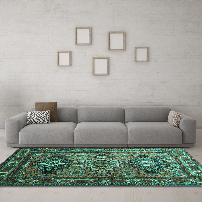 Machine Washable Persian Turquoise Traditional Area Rugs in a Living Room,, wshtr1144turq