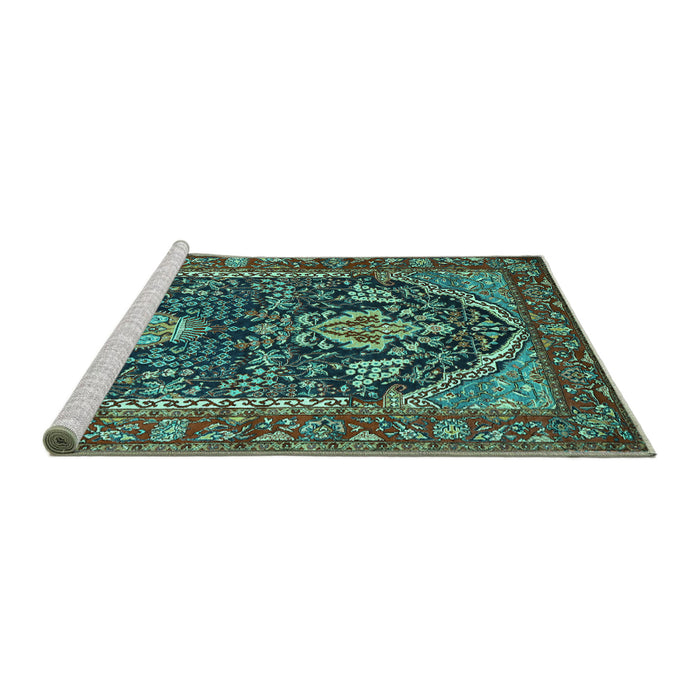 Sideview of Machine Washable Persian Turquoise Traditional Area Rugs, wshtr1146turq