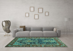Machine Washable Persian Turquoise Traditional Area Rugs in a Living Room,, wshtr1146turq