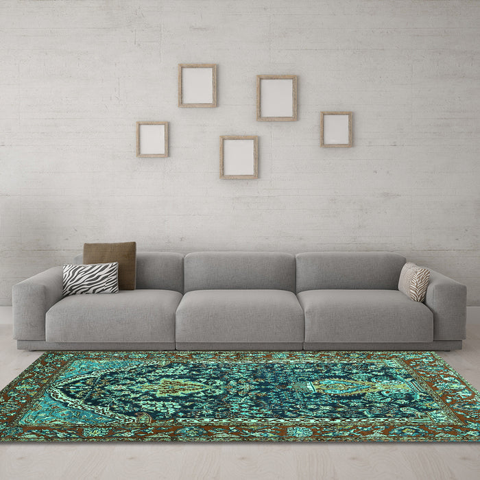 Machine Washable Persian Turquoise Traditional Area Rugs in a Living Room,, wshtr1146turq