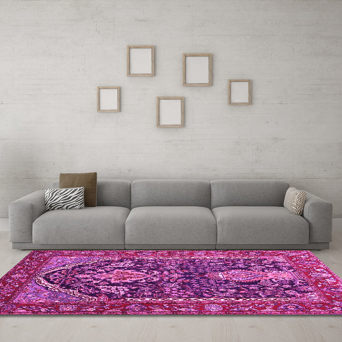 Machine Washable Persian Pink Traditional Rug in a Living Room, wshtr1146pnk
