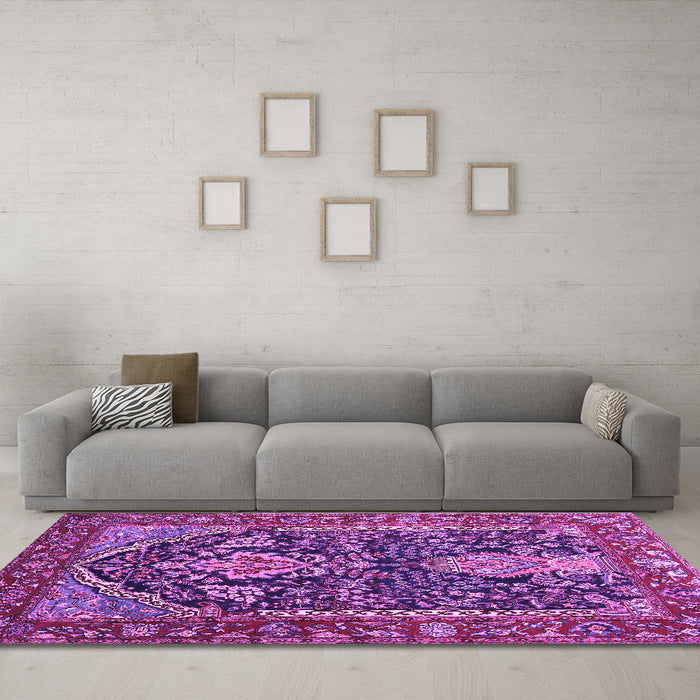Machine Washable Persian Purple Traditional Area Rugs in a Living Room, wshtr1146pur