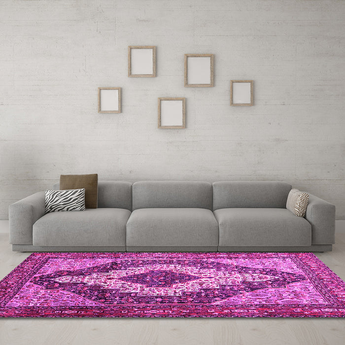 Machine Washable Medallion Pink Traditional Rug in a Living Room, wshtr1147pnk